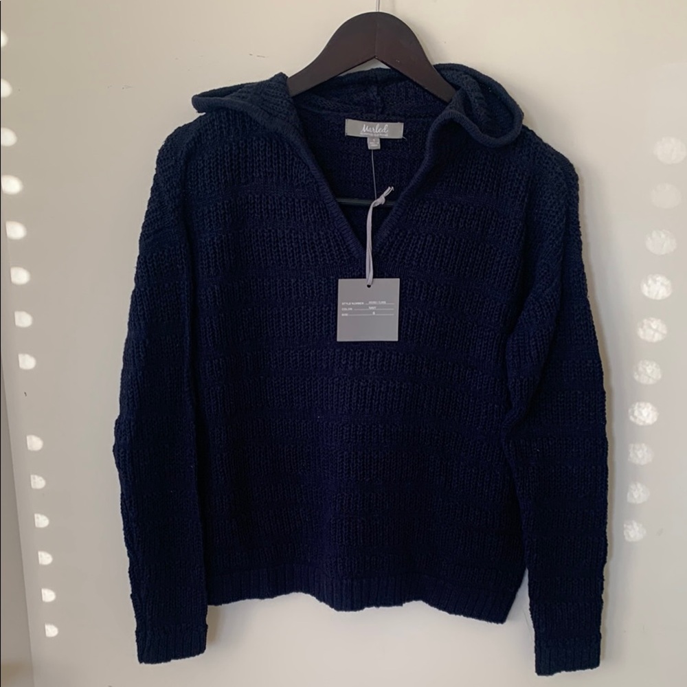 Marled Navy Blue Hooded V-Neck knit Sweater with Long Sleeves SZ S WOMENS
